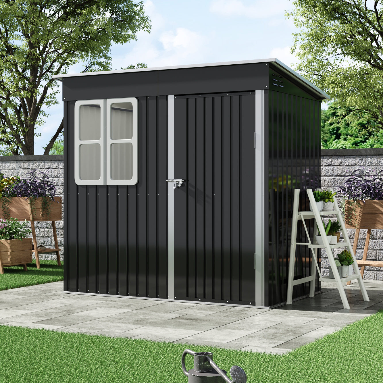 7x4ft charcoal black outdoor garden storage shed with sliding doors – compact and modern garden tool storage
